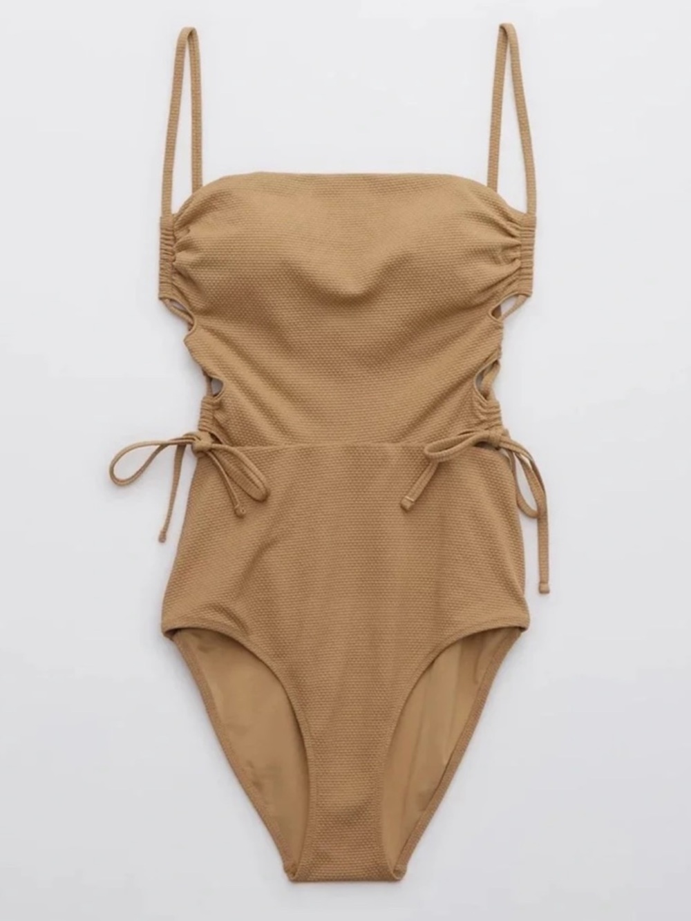 aerie pique lace up brown bandeau swimsuit NWT